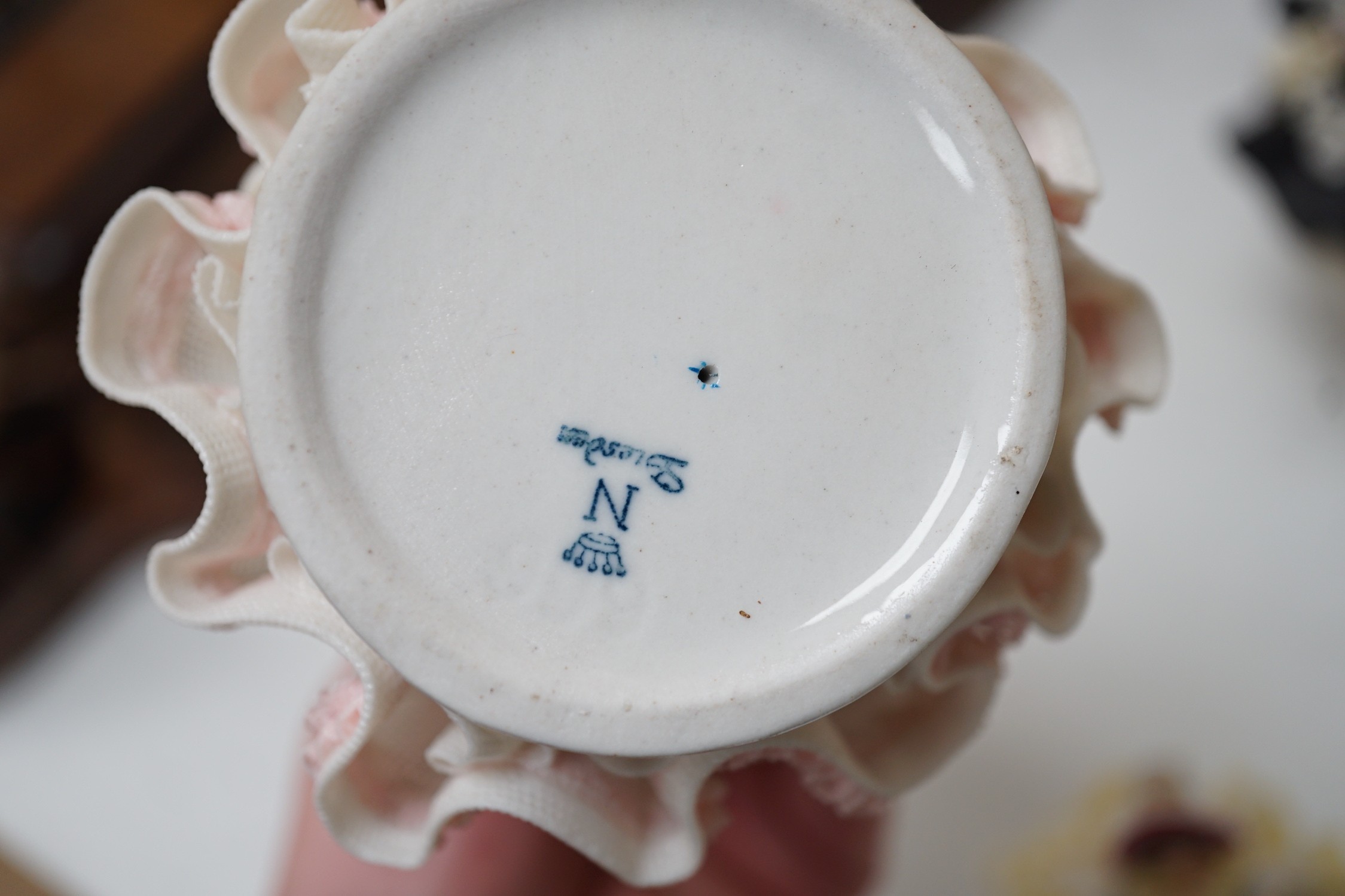 Six porcelain figures, a Murano labelled two handled dish and mixed glassware